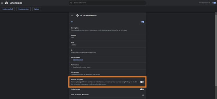 Allow the extension in incognito