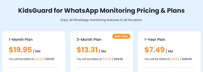 Pricing plans of KidsGuard